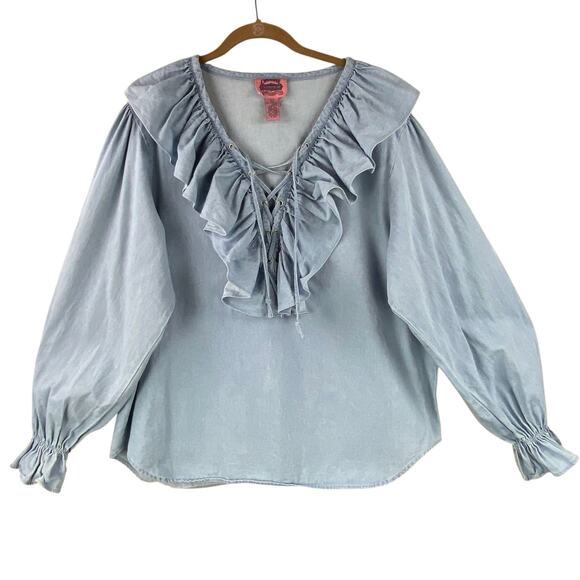 Vintage Chambray Poet Artist Blouse Size L Blue Southwest Western Country Drama - Picture 1 of 7